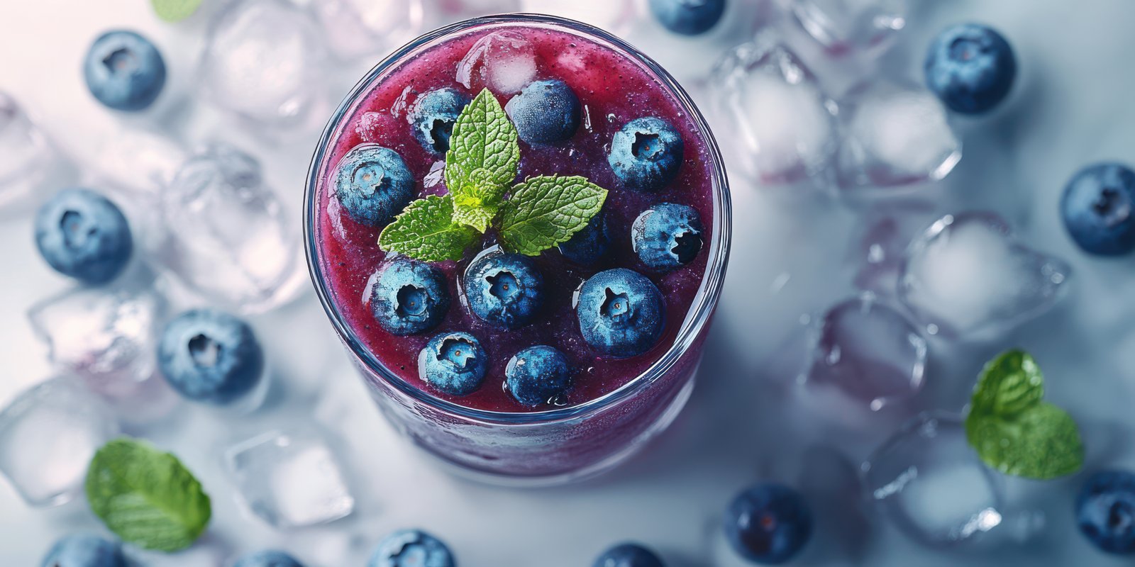 Refreshing blueberry smoothie with mint and ice served in a clear glass